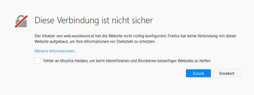 SSL-Zertifikat Warnung Firefox Webseite Homepage Wootwoot Reininghausstraße 13 8020 Graz